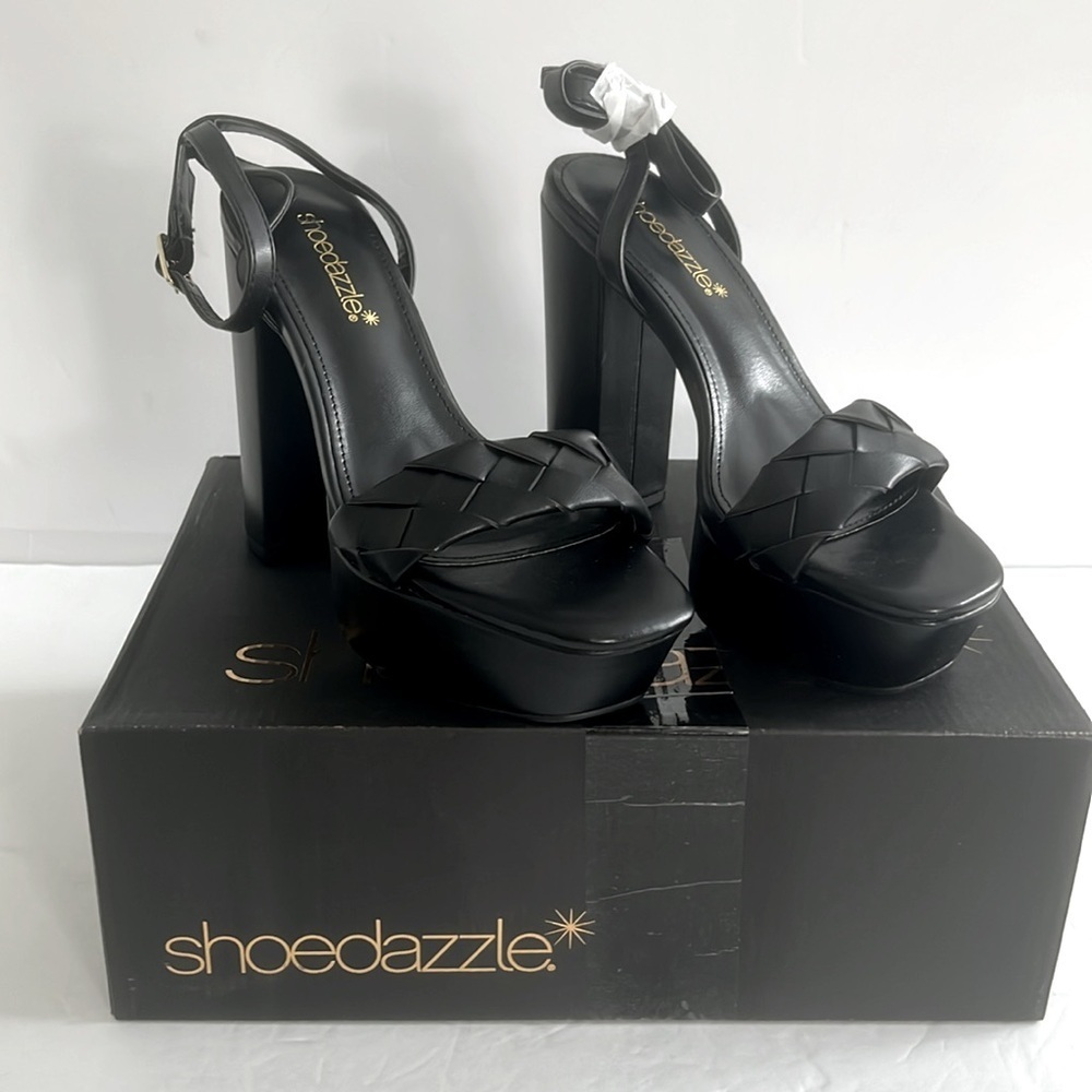 Shoe Dazzle Women’s Aviva Chunky Heeled Sandal Black Platform Shoes Size 5.5 New - Picture 11 of 11
